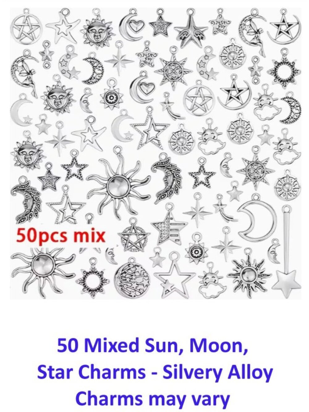 50pcs Mixed Sun Moon Star Charms - Silvery Alloy,